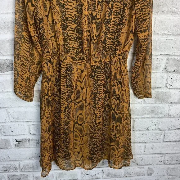 Ichi Day Dress Snakeskin Print Flowy Sheer Chiffon V-Neck Long Sleeve - Picture 3 of 12